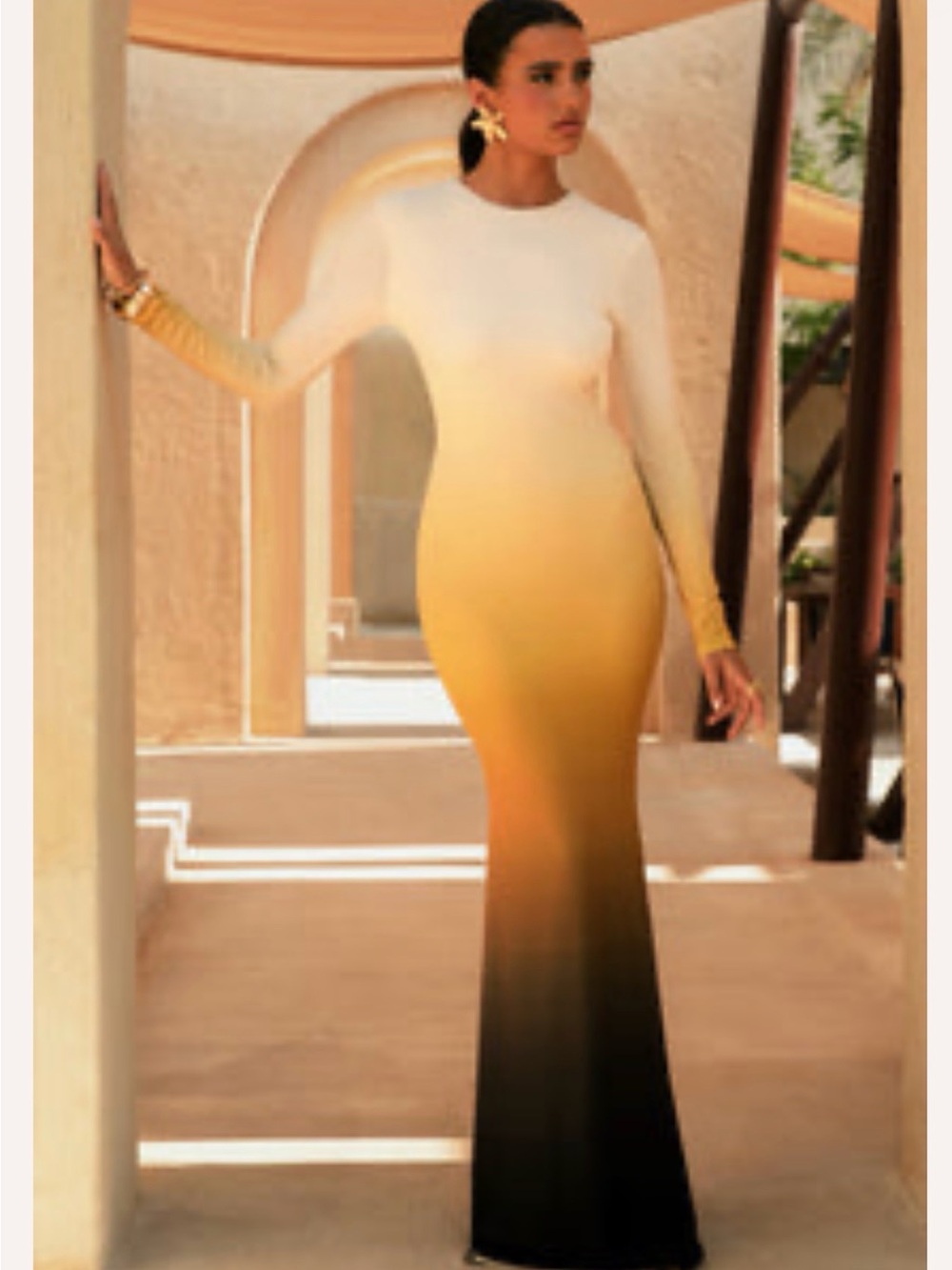 Club L London Long Sleeve Ombre Maxi Dress in White, Yellow and Black